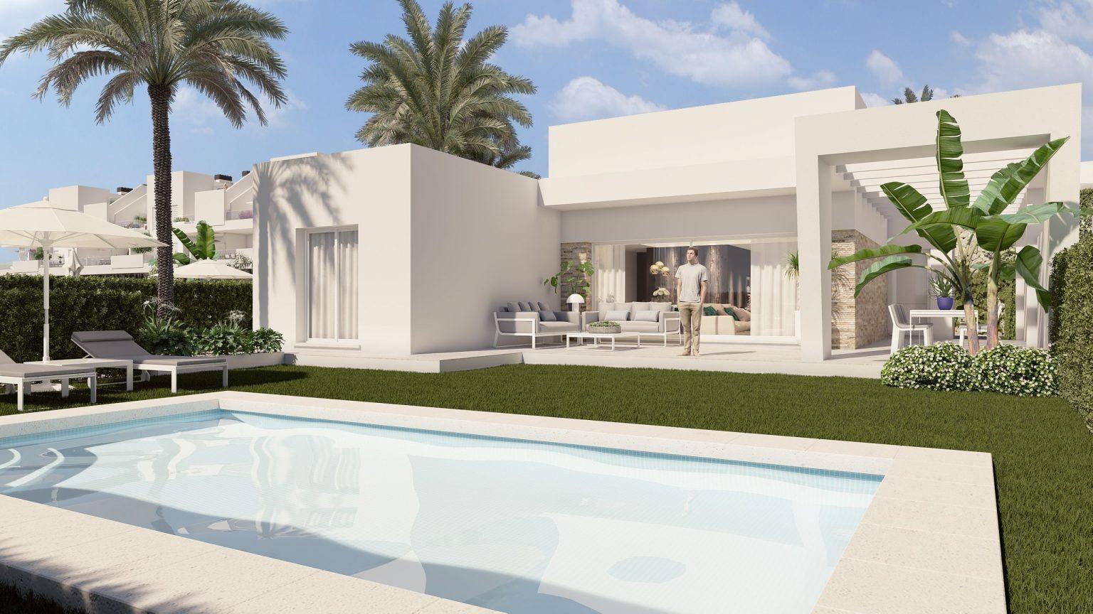 VILLA’S EN ALGORFA. VALLA DE UNA PLANTA. 136 M2 DE CASA. PARCELA 470 M2.SOTANO 180M2