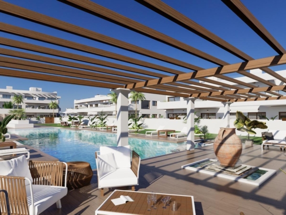 OBRA NUEVA EN LOS ALCÁZARES CON VISTAS AL MAR NENOR. BUNGALOWS PLANTA BAJA Y ALTA. 2 DORM. 2 BAÑOS. PARKING Y PISCINA.