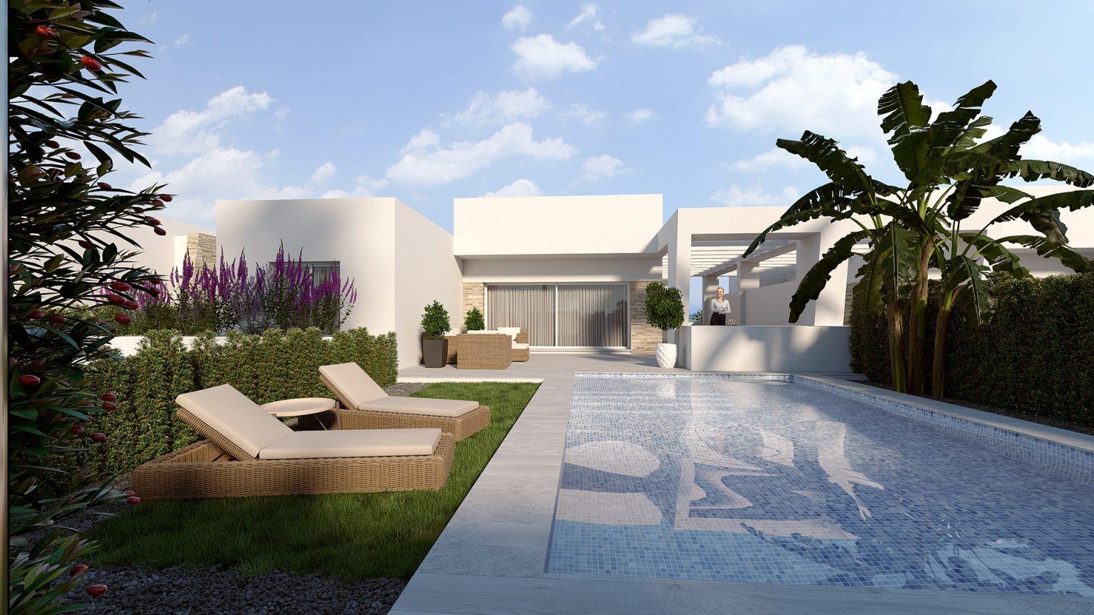 VILLA’S EN ALGORFA. VALLA DE UNA PLANTA. 136 M2 DE CASA. PARCELA 470 M2.SOTANO 180M2