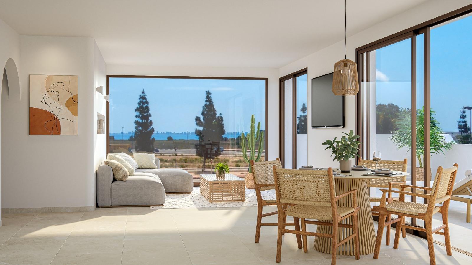 OBRA NUEVA EN LOS ALCÁZARES CON VISTAS AL MAR NENOR. BUNGALOWS PLANTA BAJA Y ALTA. 2 DORM. 2 BAÑOS. PARKING Y PISCINA.