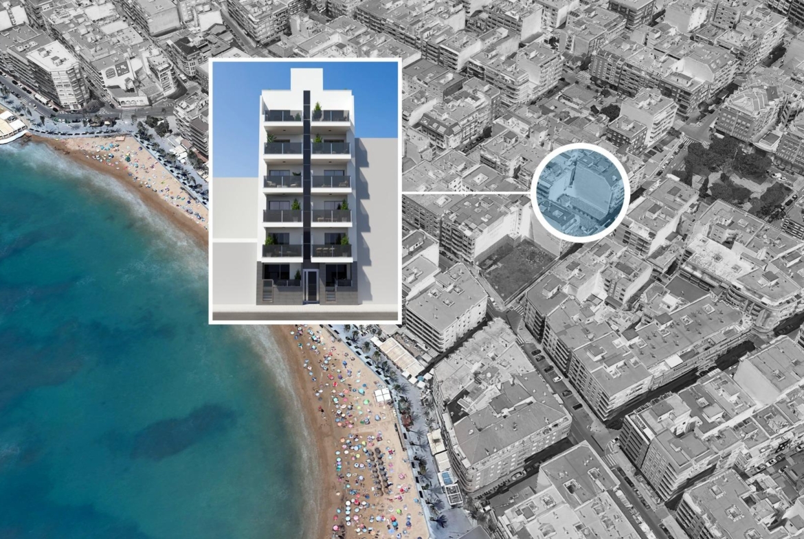 OBRA NUEVA EN TORREVIEJA A 150 METROS DE LA PLAYA. 2 DORMITORIOS. 2 BAÑOS. PISCINA COMUNITARIA.
