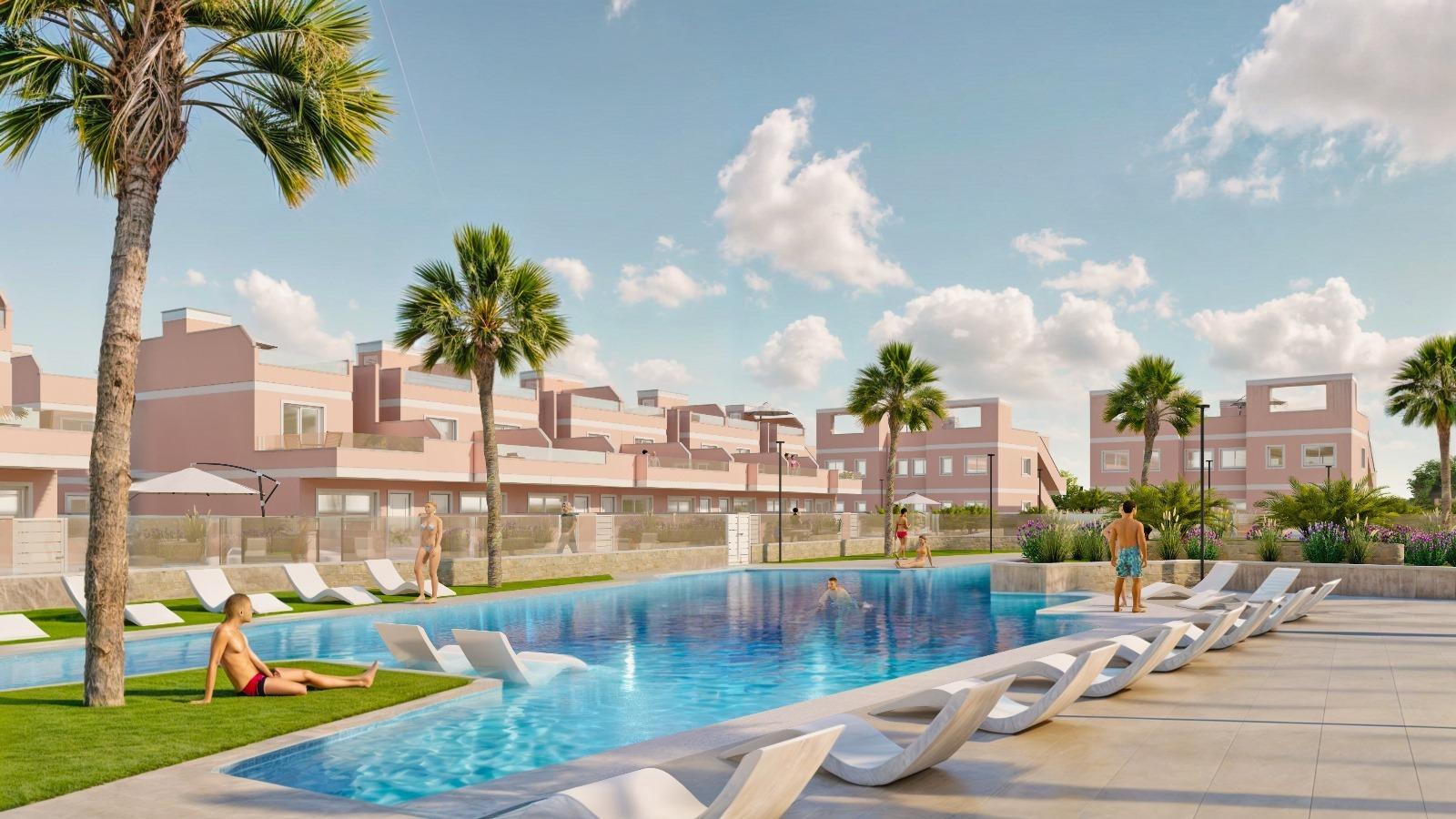 4-3-112 ADOSADOS DE OBRA NUEVA EN PILAR DE LA HORADADA. 3 DORM. 2 BAÑOS. CON PLAZA DE GARAJE Y PISCINA. 83 M2. JARDIN 33 M2. SOLARIUM 34 M2.