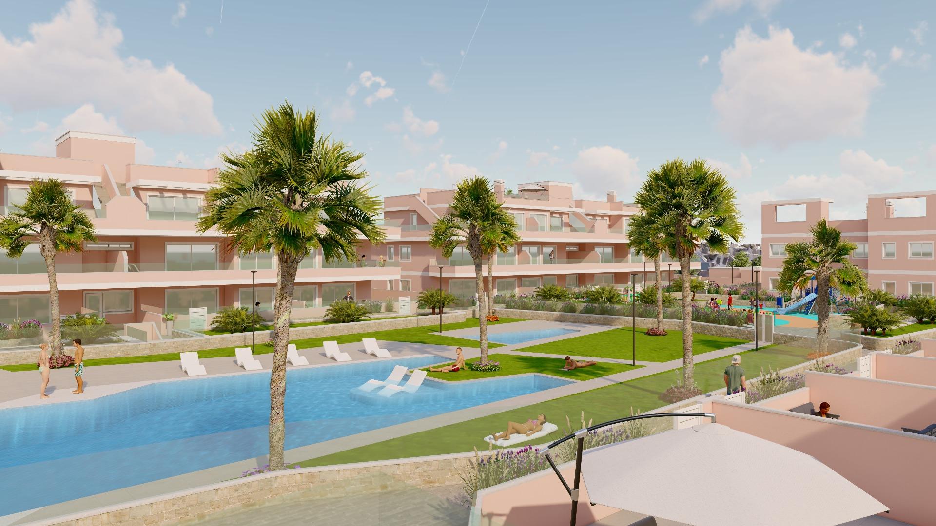 4-5-112 ADOSADOS DE OBRA NUEVA EN PILAR DE LA HORADADA. 3 DORM. 2 BAÑOS. CON PLAZA DE GARAJE Y PISCINA. 83 M2. JARDIN 33 M2. SOLARIUM 34 M2.